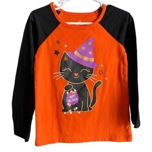Way To Celebrate! Halloween Witch Kitty Cat Shirt Black Orange Girl’s Size 4T